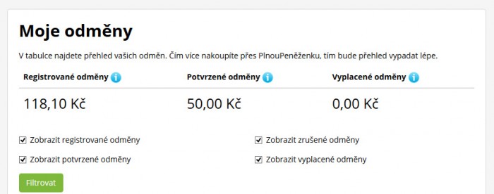 Moje první odměny - 50Kč za registraci + 118Kč za rezervaci na Booking.com (čeká na schválení)