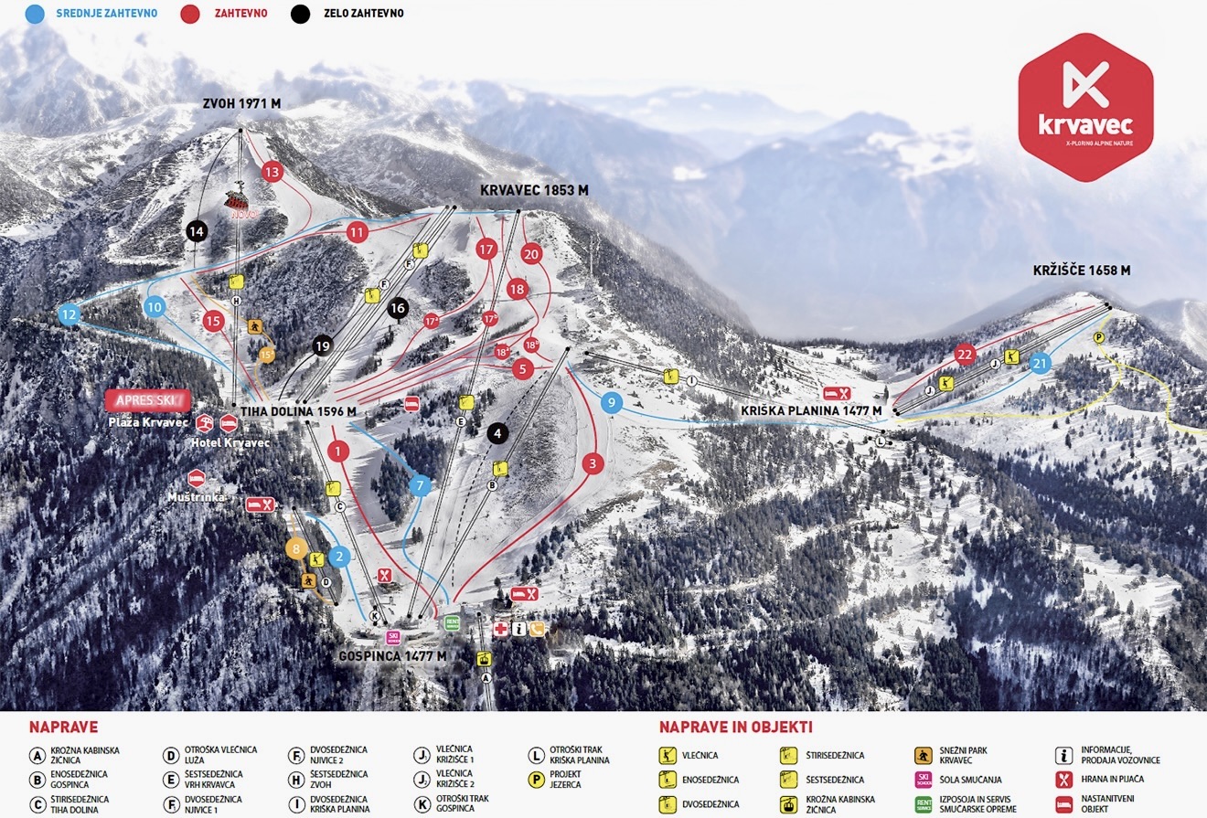 Lyžařské středisko Krvavec Slovinsko - mapa